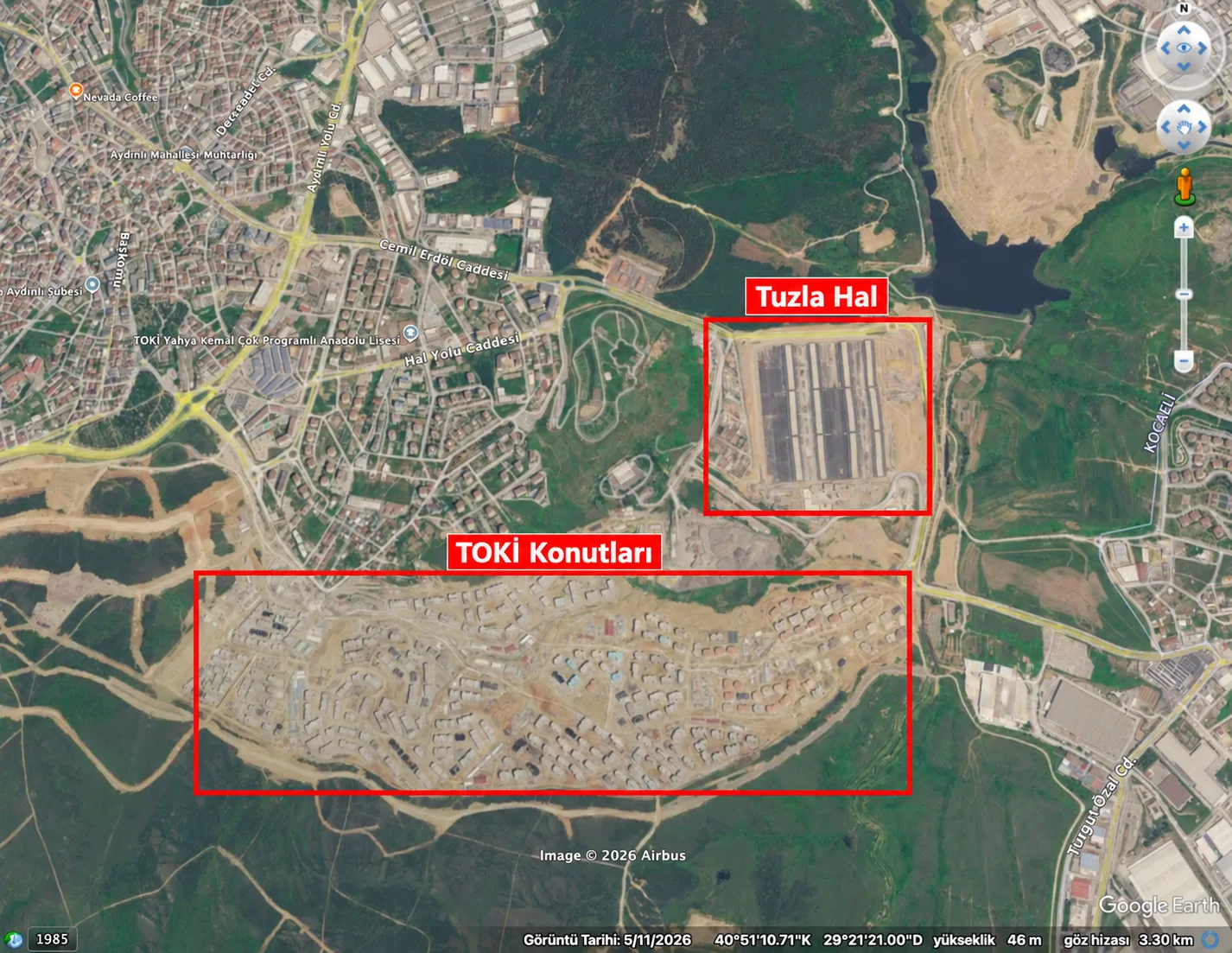 Tuzla Aydınlı'nın uydu görüntüsü: doğuda inşaatı süren Tuzla Sebze ve Meyve Hali, güneyinde geniş toplu konut alanı kırmızı çerçeveyle işaretli
