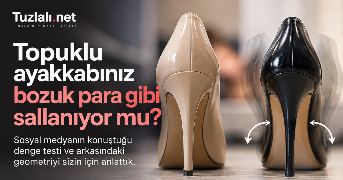 İki topuklu ayakkabı arkadan görünüyor; biri sabit duruyor, diğerinin sağa sola sallandığı oklarla gösteriliyor.