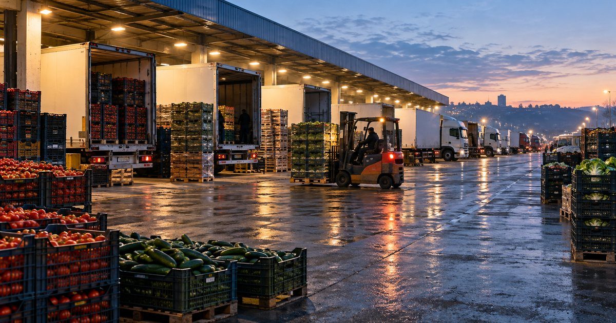 Alacakaranlıkta toptancı sebze hali: üstü kapalı yükleme rampalarına yanaşmış kamyon sırası, paletlenmiş domates ve salatalık kasaları, kasa taşıyan forklift ve ıslak asfaltta yansıyan rampa aydınlatması