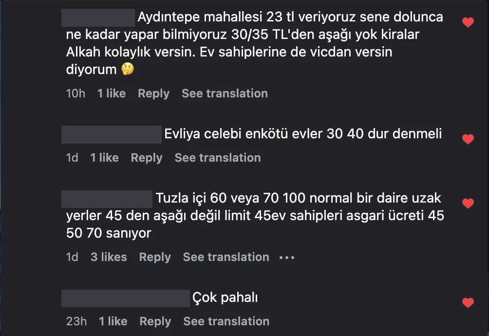 Tuzla Kira Nabzı Instagram paylaşımına gelen yorumlar: Aydıntepe'de 23 bin kira ve yeni kiraların 30-35 binden aşağı olmadığı, Evliya Çelebi'de en kötü evlerin 30-40 bin olduğu, Tuzla içinde normal bir dairenin 60-70 bin ve uzak yerlerin 45 binden aşağı olmadığı, çok pahalı