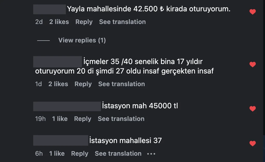 Tuzla Kira Nabzı Instagram paylaşımına gelen yorumlar: Yayla mahallesinde 42.500 TL kira, İçmeler'de 35-40 yıllık binada 17 yıllık kiracının kirası 20 binden 27 bine çıktı, İstasyon mahallesinde 45.000 TL ve 37