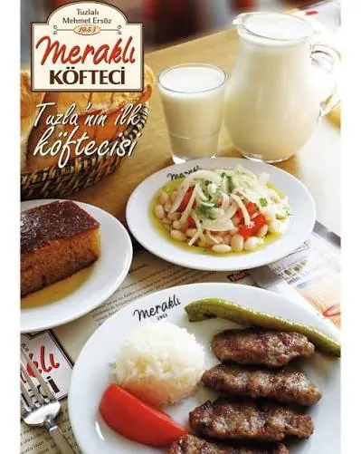Meraklı Köfteci'nin tanıtım görseli: tabakta köfte, pilav ve biber, yanında piyaz ve ayran; üstte "Tuzla'nın ilk köftecisi" yazısı