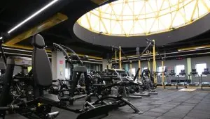 Spor salonunun içi: sıra sıra ağırlık makineleri, tavanda yuvarlak aydınlatmalı kubbe